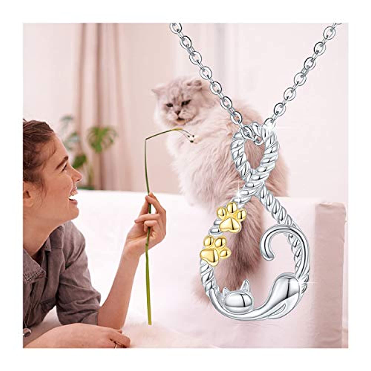 Infinity Necklace Sterling Silver Cute Cat Stretching Pendant Pet Paw Fashion Jewellery Gift for Women