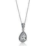 Rhodium Plated Sterling Silver Pear Cut Cubic Zirconia CZ Halo Anniversary Wedding Pendant Necklace