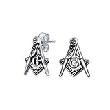 Tiny Square And Compass Masonic Freemason Stud Earrings For Women For Men Oxidized 925 Sterling Silver