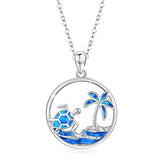 Silver Tropical Palm Tree/Ocean Wave and Cute Turtle Pendant Necklaces