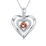  Silver Heart Necklace with Rose Flower Necklace Double Heart