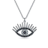Black Cubic Zirconia CZ Open Evil Eye With Lashes Necklace For Women For Teen 925 Sterling Silver 16 Inch