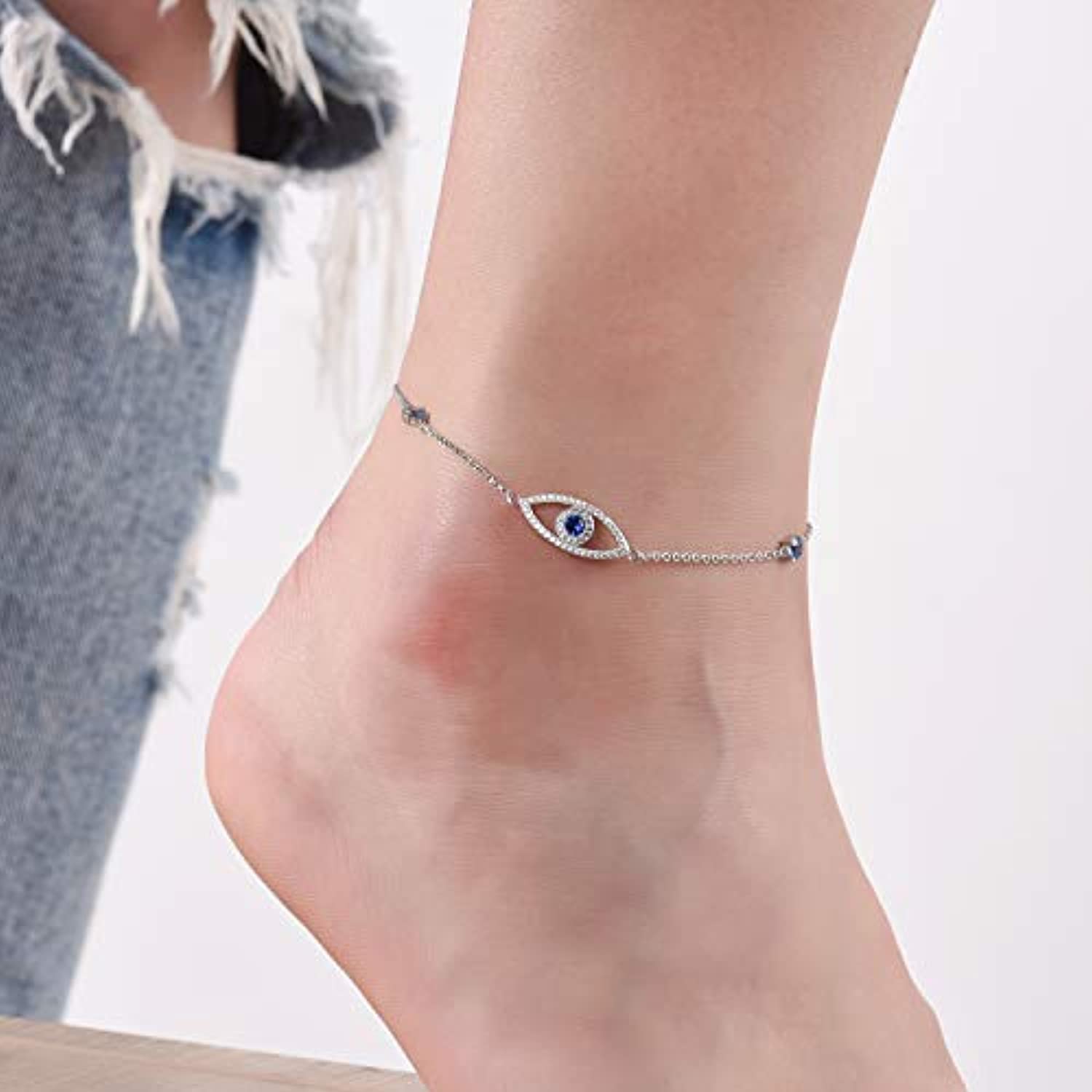 S925 Sterling Silver Evil Eye  sapphire blue sparkling cubic zirconia Adjustable Anklet For Women