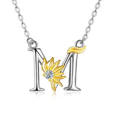 Silver Sunflower Initial Alphabet Letter M Pendant Necklace 