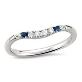 14k White Gold Blue Sapphire Baguette & Round Natural Diamond Curved in Wedding Band Ring For Lovers(1/7 cttw, H-I, SI2-I1)