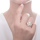 Rhodium Plated Sterling Silver Canary Yellow Cushion Cut Cubic Zirconia CZ Statement Halo Flower Cocktail Fashion Right Hand Split Shank Ring