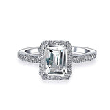 2CT Emerald Cut Cubic Zirconia Thin Pave Band Halo CZ Deco Style 925 Sterling Silver Engagement Promise Ring For Women