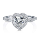 Rhodium Plated Sterling Silver Heart Shaped Cubic Zirconia CZ Halo Promise Engagement Ring