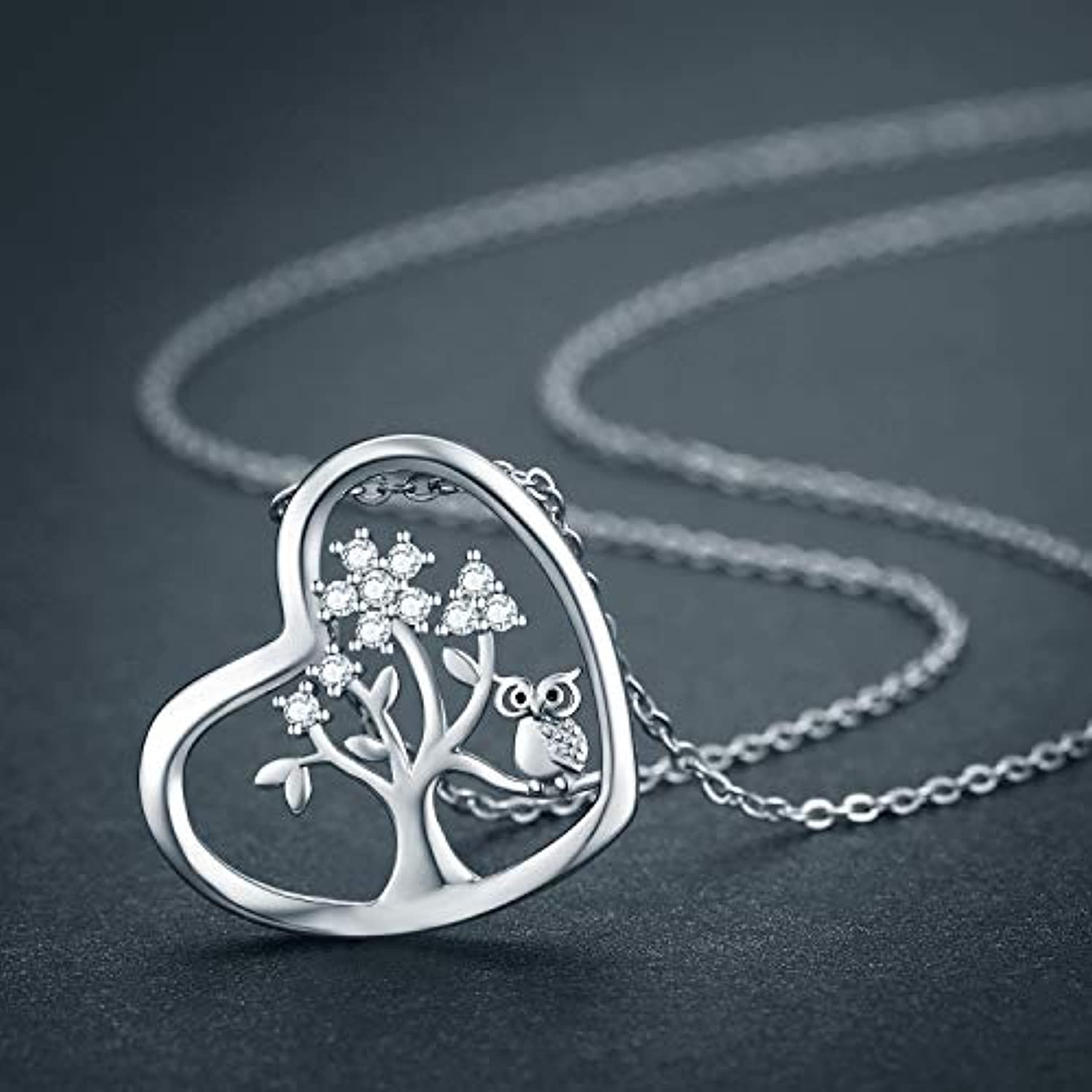 Family Tree of Life Necklace, Hearts Pendant with Owl 925 Sterling Silver Cubic Zirconia Pendant  for Women