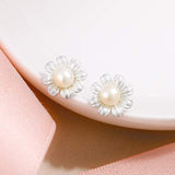 Women's 925 Sterling Silver 4MM Pearl Elegant Sunflower Bride Prom Pierced Earrings