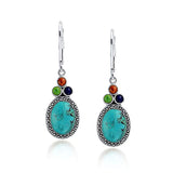Southwestern Style Stabilized Turquoise Oval Lapis Coral Lever Back Dangle Drop Earrings For Women 925 Sterling Silver