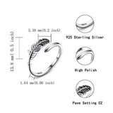Sterling Silver Feather Ring Adjustable Open-Style Ring Sizes 6.5-9.5