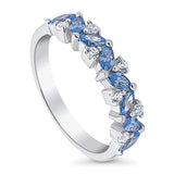 Rhodium Plated Sterling Silver Stackable Cluster Flower Anniversary Fashion Right Hand Band Made with Swarovski Zirconia Blue