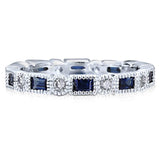 Rhodium Plated Sterling Silver Simulated Blue Sapphire Cubic Zirconia CZ Art Deco Anniversary Wedding Eternity Band Ring