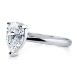 Rhodium Plated Sterling Silver Pear Cut Cubic Zirconia CZ Solitaire Engagement Ring