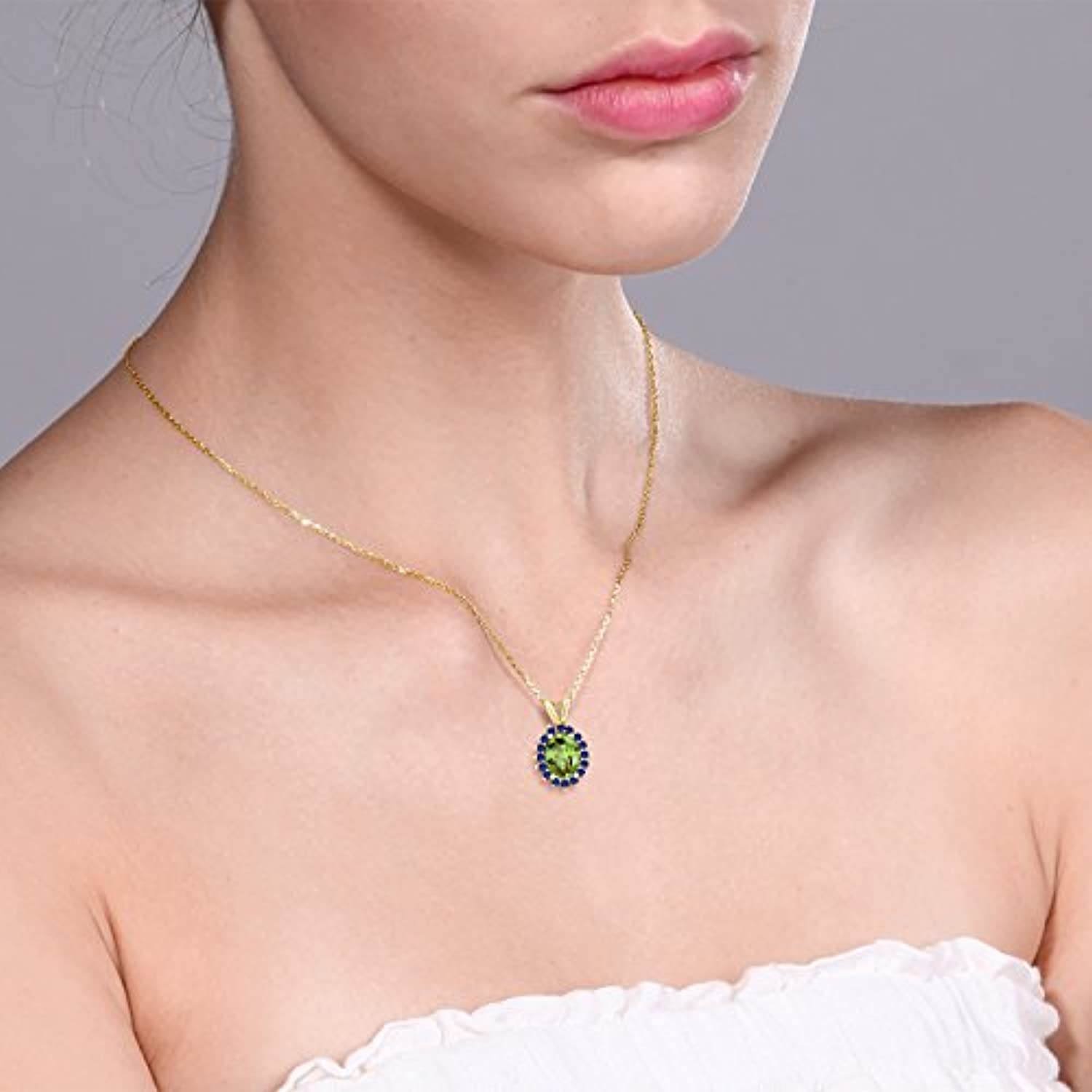 14K Gold Oval Green Peridot Blue Created Sapphire Pendant Necklace For Women