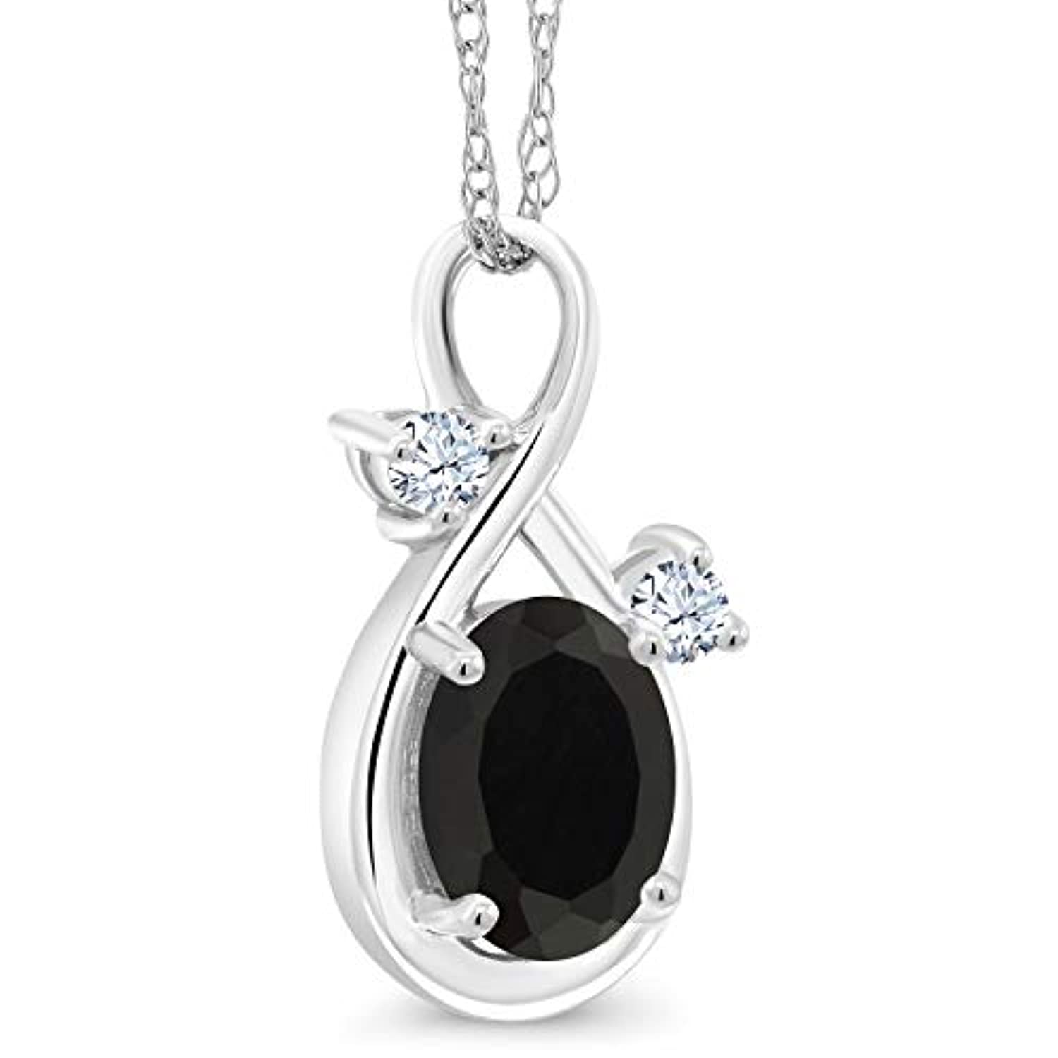 14K  Gold Black Onyx and White Created Sapphire Pendant Necklace For Women Oval with 18 Inch Chain