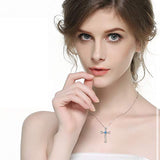 S925 Sterling Silver Cross Pendant Heart Necklace with Blue Birthstone Women Girls Jewelry