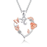 Silver Rose Flower Butterfly Heart Pendant Necklace