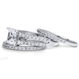 Rhodium Plated Sterling Silver Princess Cut Cubic Zirconia CZ Statement Solitaire Engagement Wedding Split Shank Ring Set