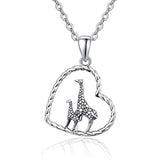 Silver  Love Heart Giraffe Animal Head Necklace