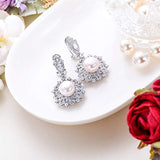 Women's 925 Sterling Silver CZ 9MM Cultured Pearl Luxury Blooming Flower Bride Earrings