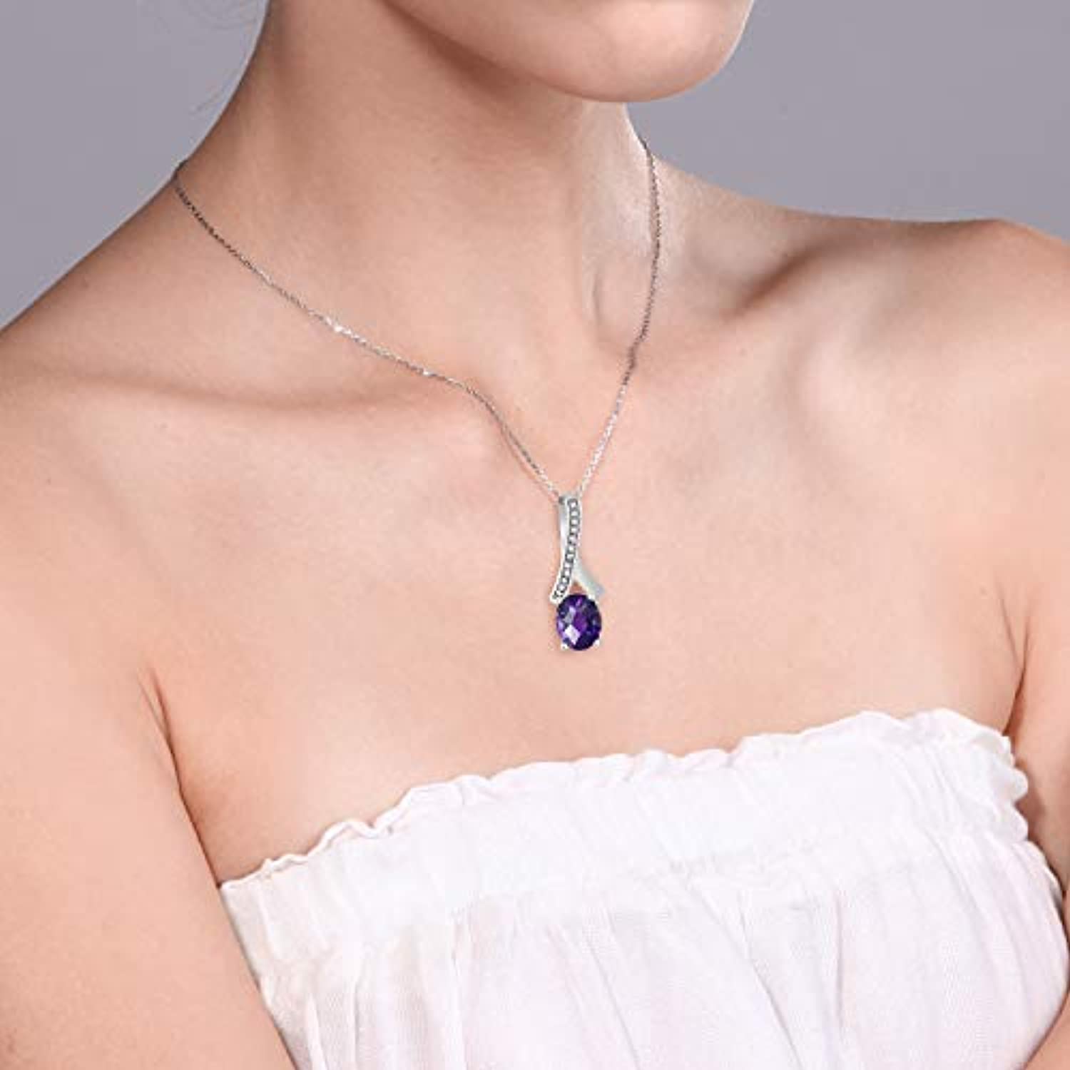 Sterling Silver Oval Gemstone Birthstone & Cubic Zirconia Pendant with 18 Inch Silver Chain