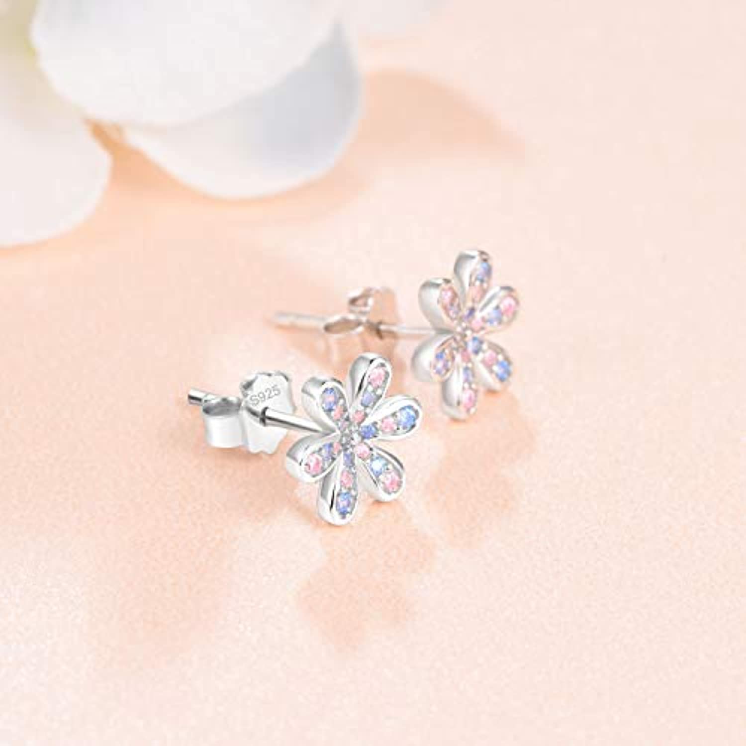 Sterling Silver Daisy Stud Earrings For Women Girls Hypoallergenic Cubic Zircoina Flowers Earrings