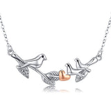 Silver Three Birds on Branch Three Generations Necklace Love Heart Jewelry 