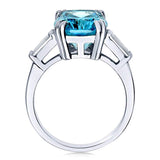 Rhodium Plated Sterling Silver Blue Cushion Cut Cubic Zirconia CZ Statement 3-Stone Cocktail Anniversary Fashion Right Hand Ring