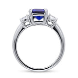 Rhodium Plated Sterling Silver Simulated Blue Sapphire Emerald Cut Cubic Zirconia CZ 3-Stone Anniversary Promise Engagement Ring