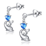 Blue Cz Heart Dolphin Stud Earrings 