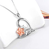Sterling Silver Rose Flower Necklace Rose Gold I Love You Forever Rose Heart Jewelry Gifts for Women Her