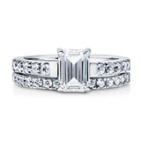 Rhodium Plated Sterling Silver Emerald Cut Cubic Zirconia CZ Solitaire Engagement Wedding Ring Set