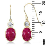 14K Gold Oval Red Ruby and White Topaz Dangle Drop Earrings