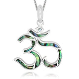 925 Sterling Silver Abalone, Mother of Pearl, Turquoise Chakra Yoga Om Aum Ohm Symbol Pendant Necklace, 18
