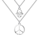 Sterling Silver Hamsa Hand Peace Sign Pendant Necklace Multilayer Chain Layered Jewelry