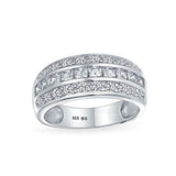 Cubic Zirconia Channel Set Pink Princess Cut CZ Dome 3 Row Wide Statement Wedding Band Ring For Women Sterling Silver