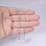 S925 Sterling Silver CZ Freshwater Cultured Pearl Snowflake Long Dangle Earrings Clear
