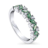 Rhodium Plated Sterling Silver Stackable Cluster Flower Anniversary Fashion Right Hand Band Made with Swarovski Zirconia Green