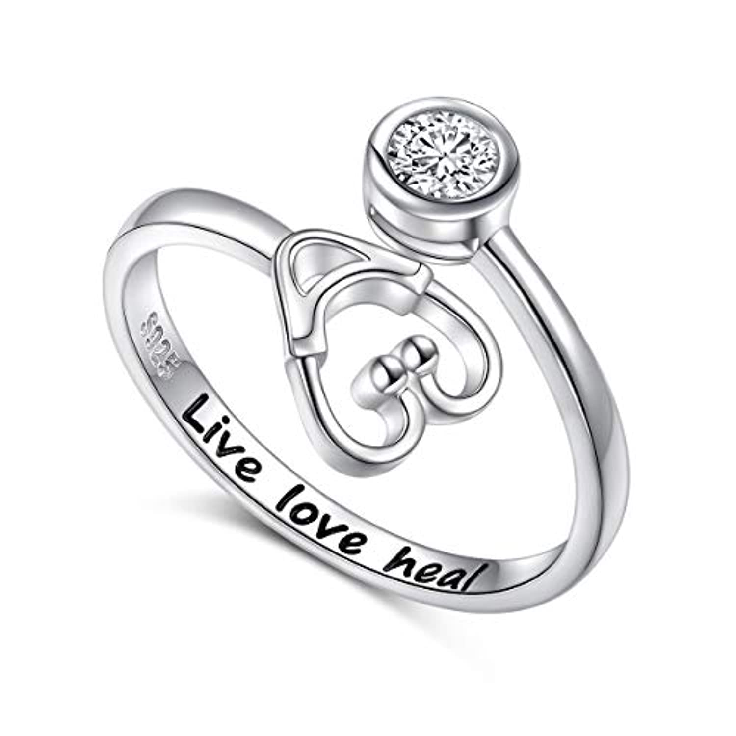 925 Sterling Silver Live Love Heal Stethoscope Ring Jewelry for Women