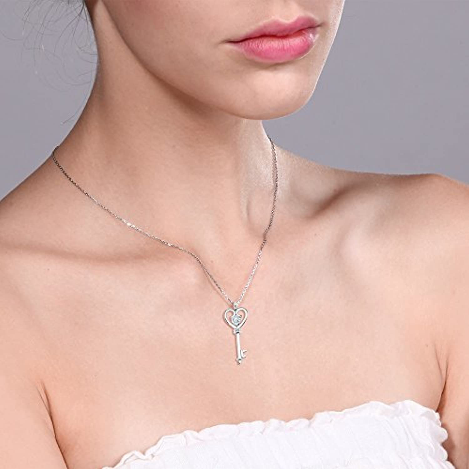 Sky Blue Aquamarine 925 Sterling Silver Gemstone Birthstone Heart Key Pendant Necklace 0.40 Ct Round Cut with 18 Inch Silver Chain