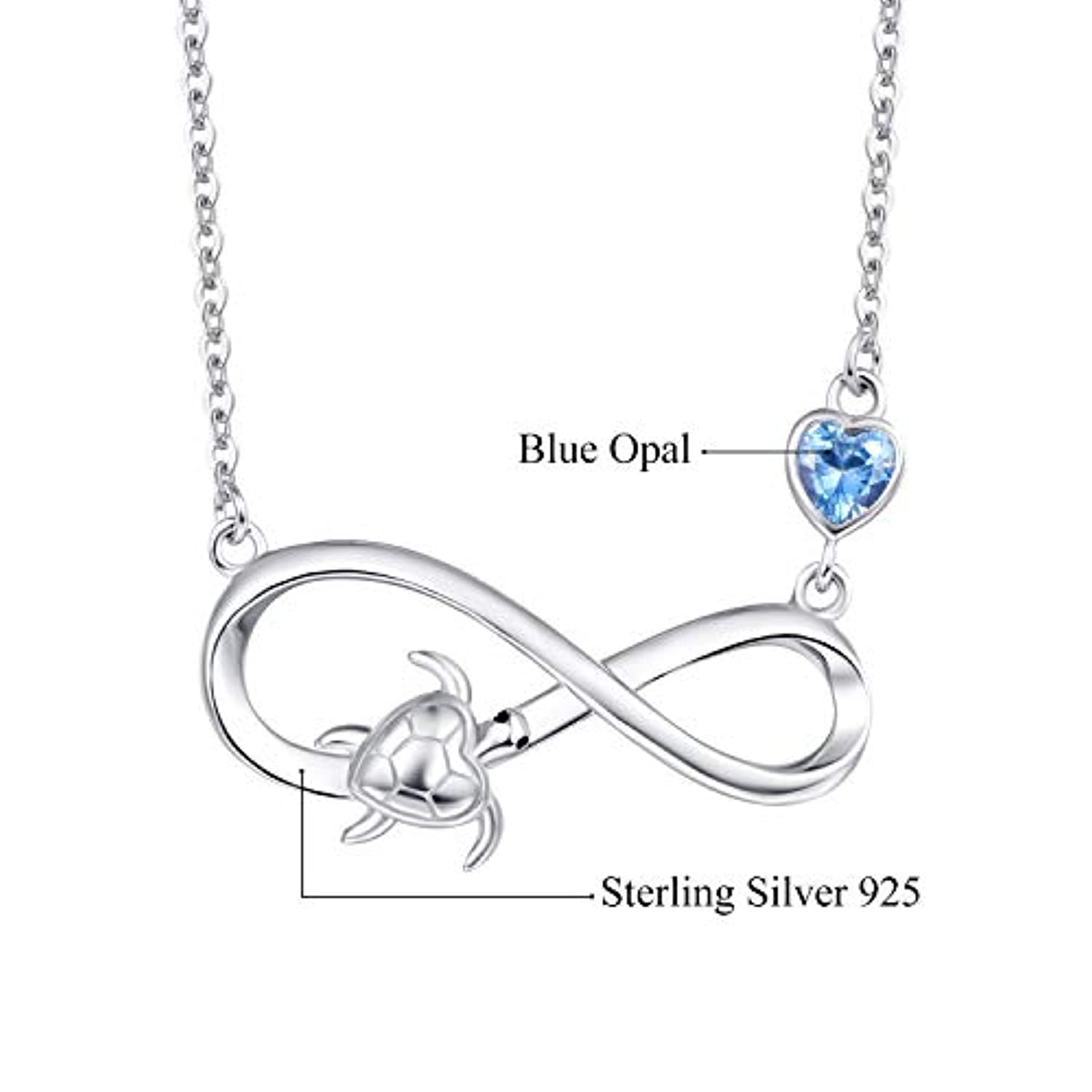 Turtle Necklace  925 Sterling Silver Blue Opal Heart Sea Turtle Pendant Infinity Necklace for Women