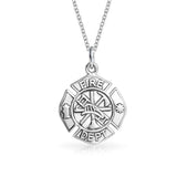 Round Small Firefighter Fire Dept Shield Medallion Pendant Necklace For Firemens Wife For Women Sterling Silver