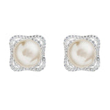 925 Sterling Silver CZ 10MM AAA Freshwater Cultured Pearl Luxury Square Stud Earrings Clear