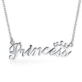 Crown Word Princess Name Plate Pendant Necklace For Women For Teen 925 Sterling Silver