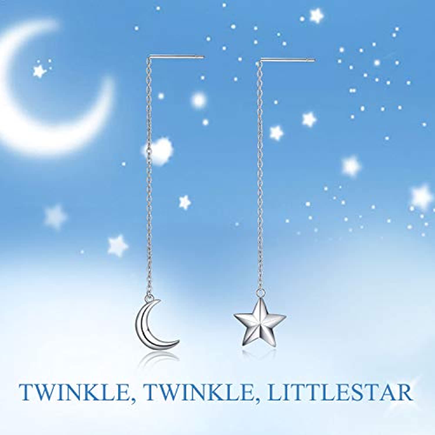 Moon and Star Earring,Sterling Silver Pull Through Threader Dangle Drop Earring Asymmetric Ear Line Long Earrings for Women Teen Girls