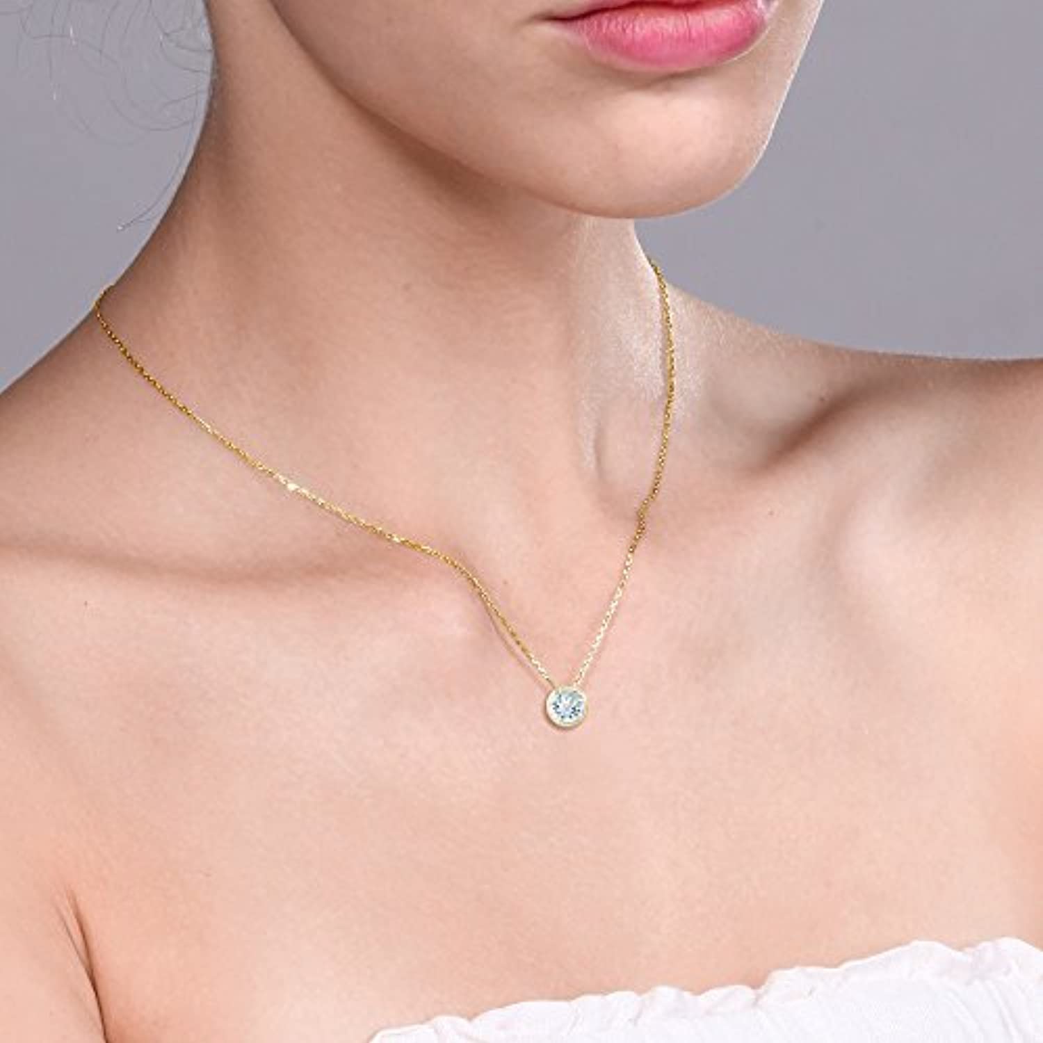 14K Gold Sky Blue Aquamarine Pendant Necklace For Women  Round Gemstone Birthstone With 18 Inch Chain