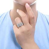 Rhodium Plated Sterling Silver Cubic Zirconia CZ Statement Woven Art Deco Cocktail Fashion Right Hand Ring
