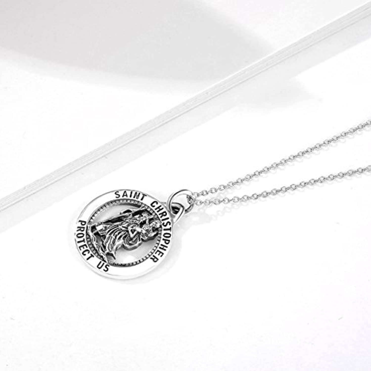 Saint Christopher Protect Us Necklace 925 Sterling Silver Religious Engraved Medallion Pendant Necklace Jewelry